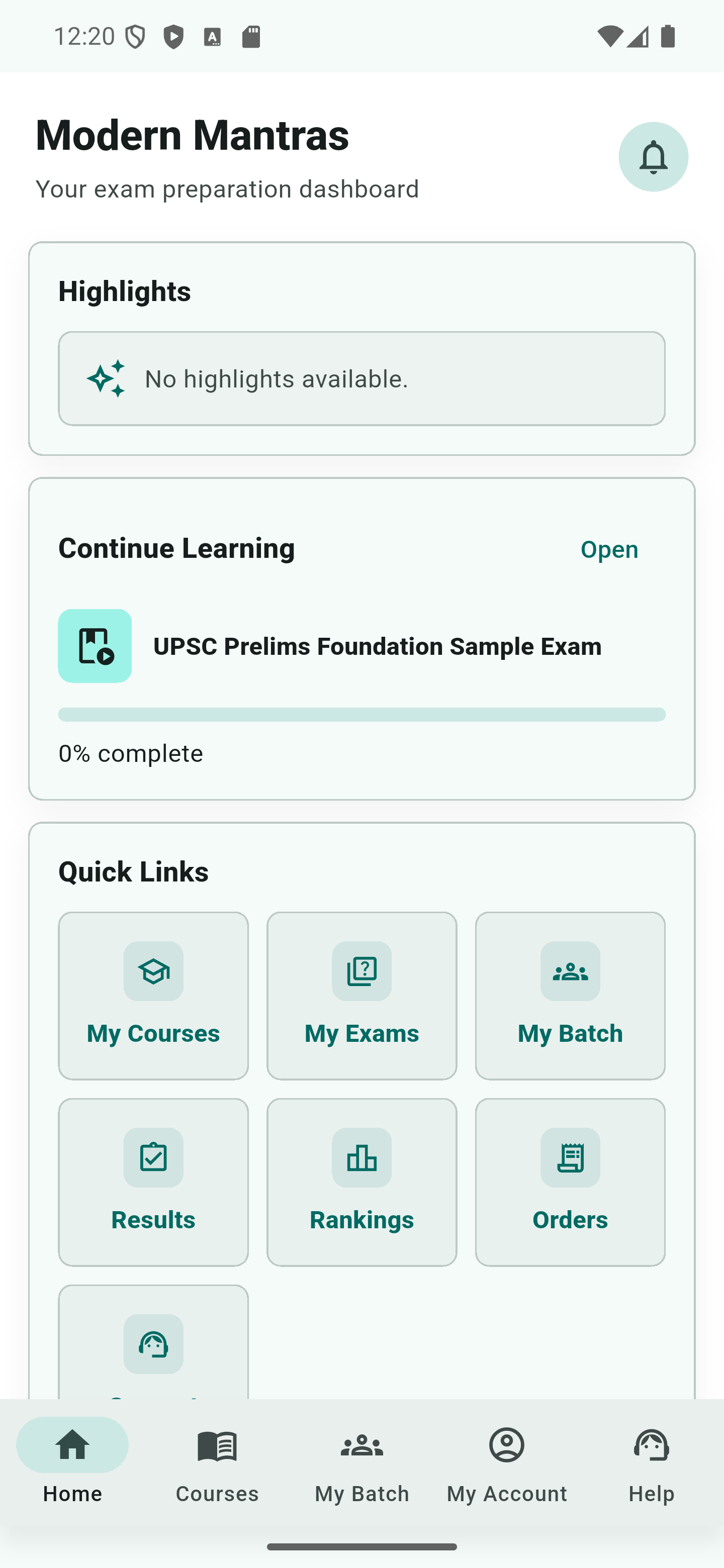 Student dashboard showing learning options
